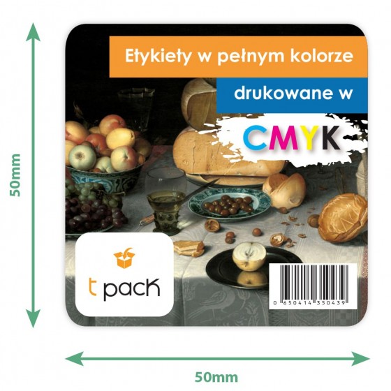 Etykiety samoprzylepne zadrukowane w CMYK 50x50mm półbłysk
