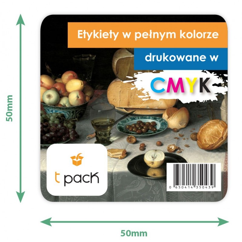 Etykiety samoprzylepne zadrukowane w CMYK 50x50mm półbłysk