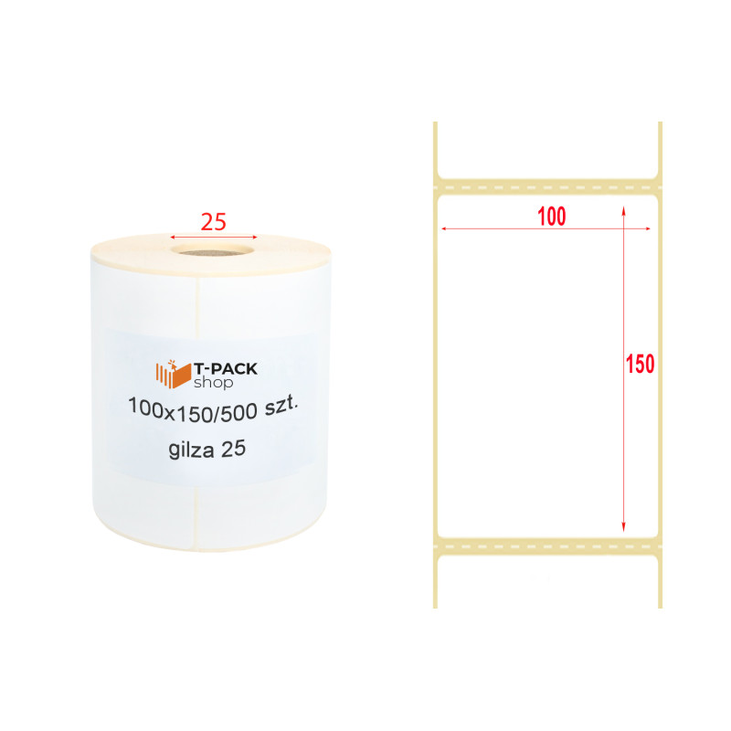 Etykiety termiczne kurierskie 100x150 mm 500 sztuk gilza 25 białe, Perforacja