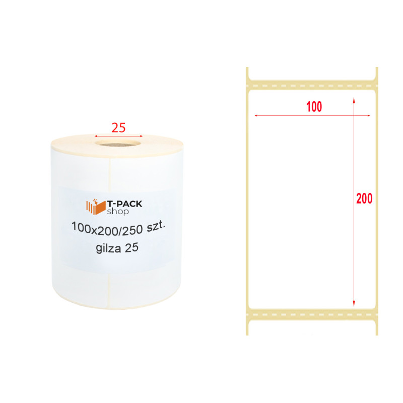 Etykiety termiczne 100x200mm 250szt 25mm białe PERFORACJA