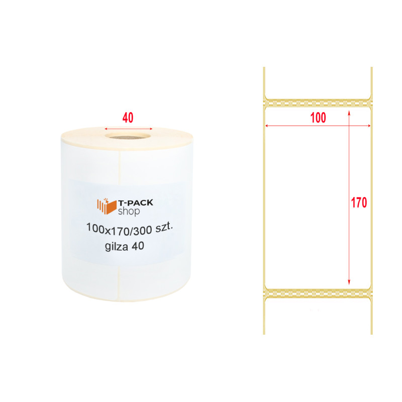 Etykiety termiczne 100x170mm 300szt 40mm białe PERFORACJA