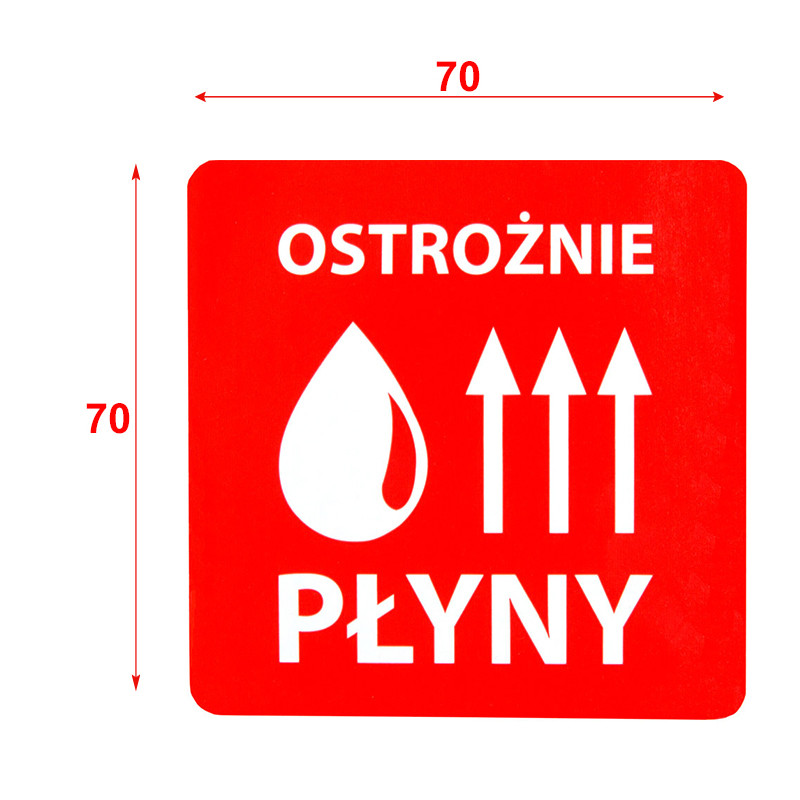 "Ostrożnie płyny" Etykieta ostrzegawcza 70x70mm 1000szt 40mm