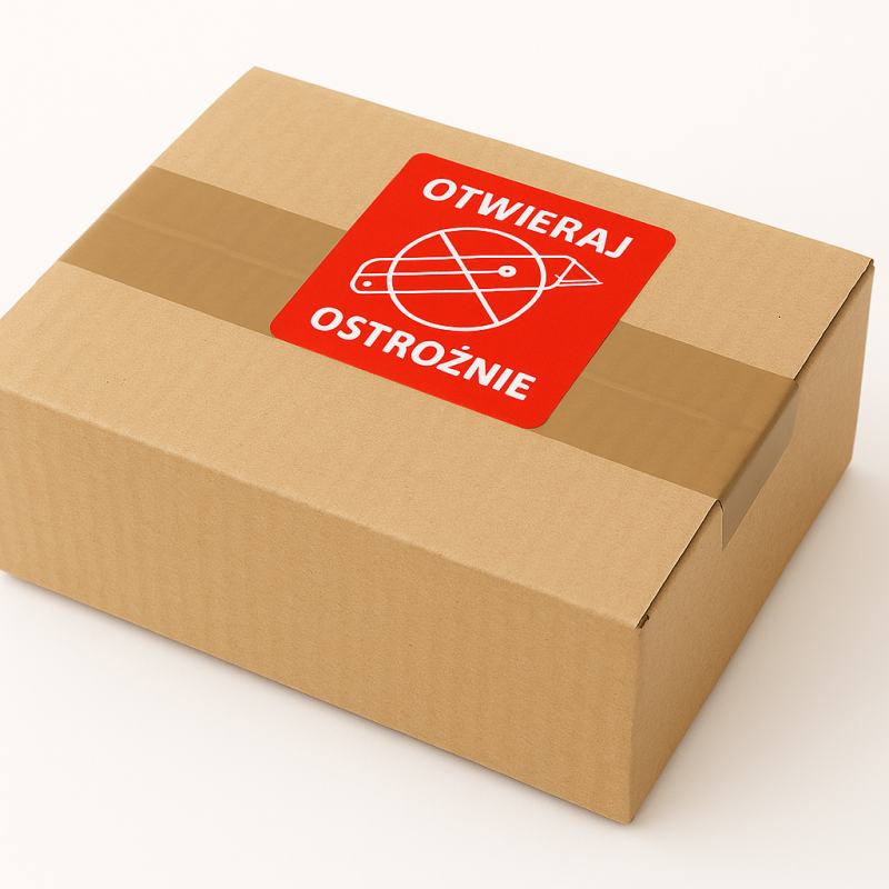 "Otwieraj ostrożnie" Etykieta ostrzegawcza 70x70mm 1000szt 40mm