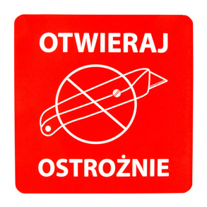 "Otwieraj ostrożnie" Etykieta ostrzegawcza 70x70mm 1000szt 40mm