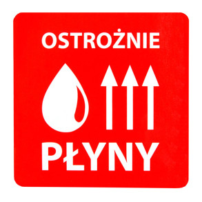 "Ostrożnie płyny" Etykieta ostrzegawcza 70x70mm 1000szt 40mm