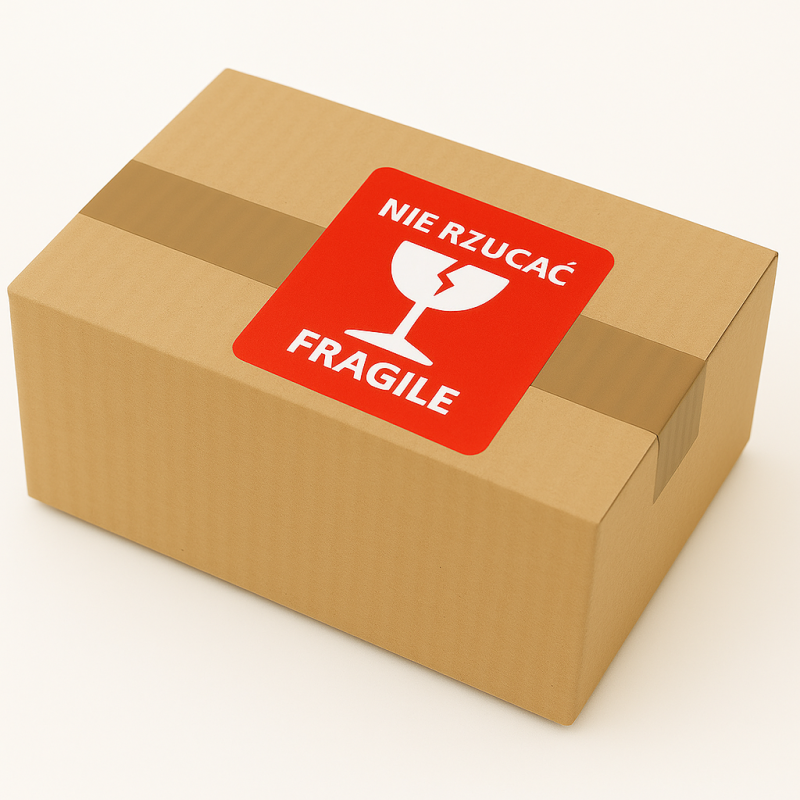 "Nie rzucać fragile!" Etykieta ostrzegawcza 70x70mm 1000szt 40mm