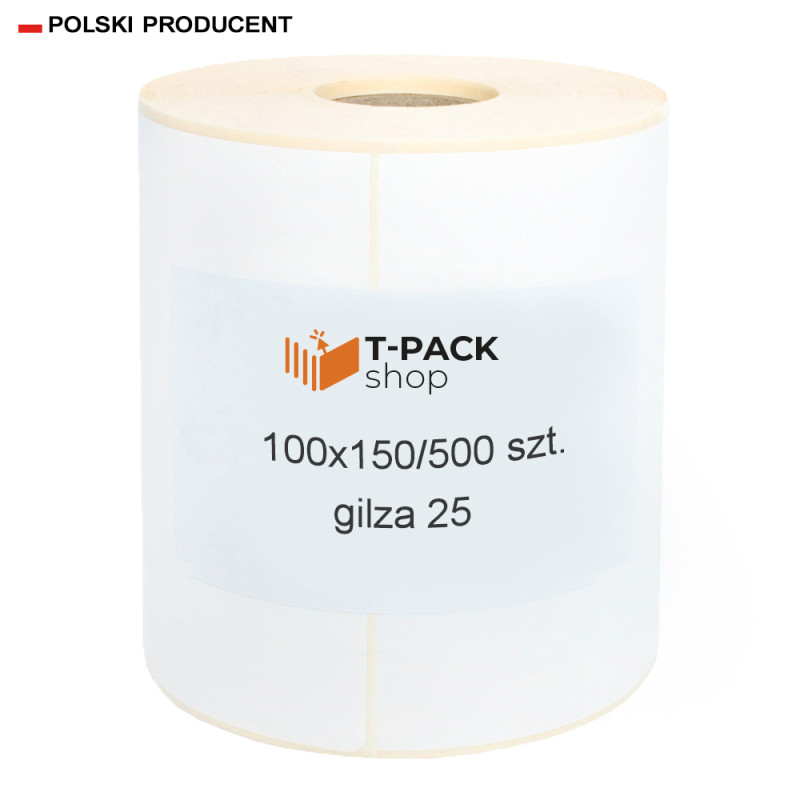 Etykiety termiczne kurierskie 100x150 mm 500 sztuk gilza 25 białe, Perforacja