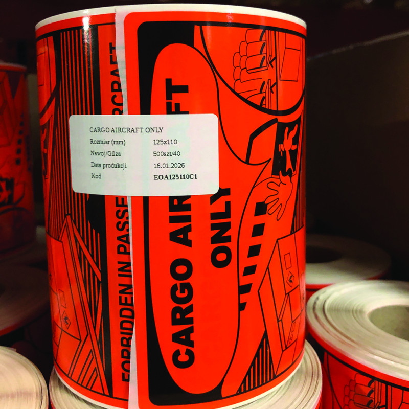 Etykiety PP „Cargo Aircraft Only” 125×110 mm – 500 szt., pomarańczowe
