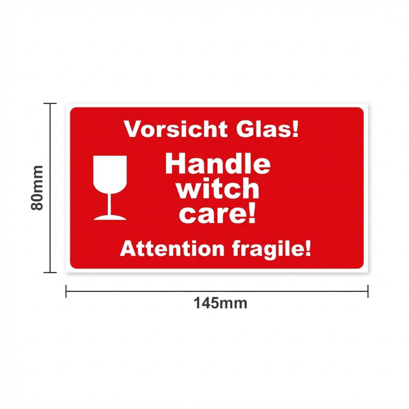 Etykiety ostrzegawcze Vorsicht Glas, Fragile 145x80 mm 1500 szt., gilza 40 mm