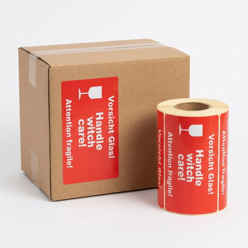 Etykiety ostrzegawcze Vorsicht Glas, Fragile 145x80 mm 500 szt., gilza 40 mm