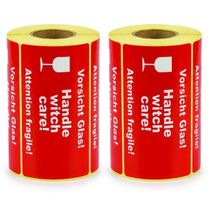 Etykiety ostrzegawcze Vorsicht Glas, Fragile 145x80 mm 500 szt., gilza 40 mm