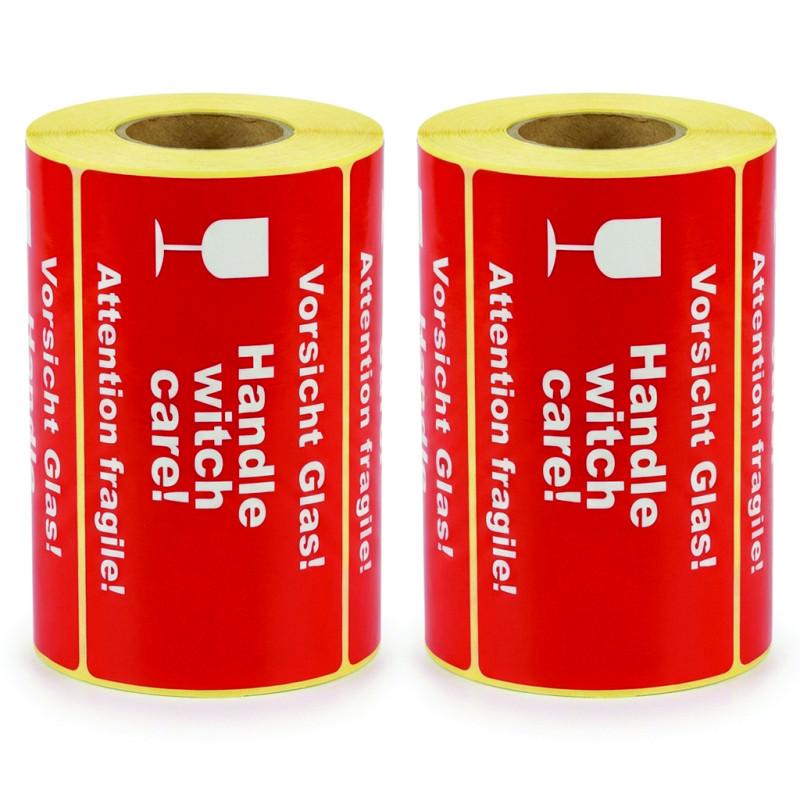 Etykiety ostrzegawcze Vorsicht Glas, Fragile 145x80 mm 500 szt., gilza 40 mm