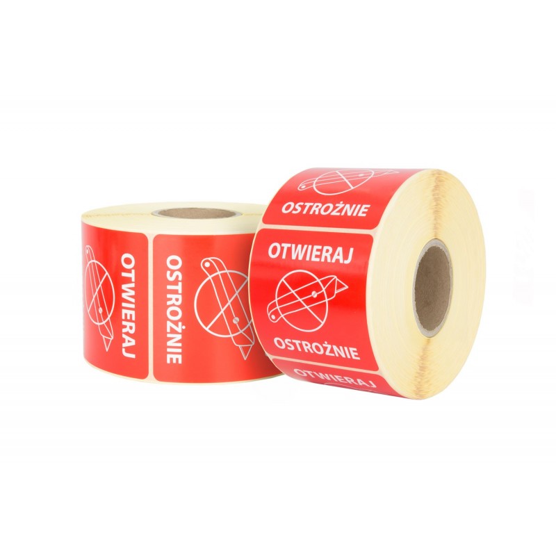 "Otwieraj ostrożnie" Etykieta ostrzegawcza 70x70mm 1000szt 40mm