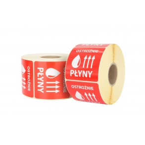 "Ostrożnie płyny" Etykieta ostrzegawcza 70x70mm 1000szt 40mm